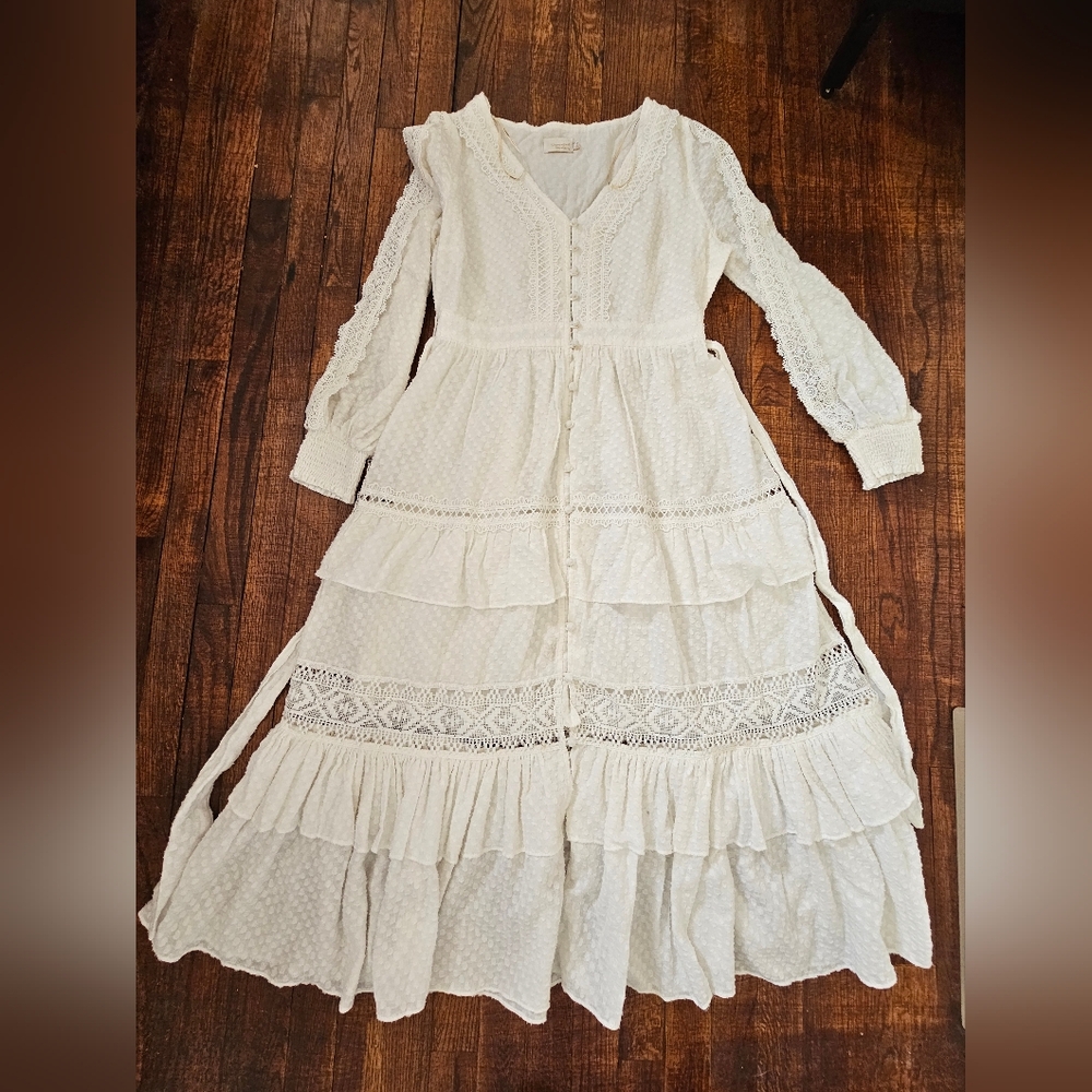 Champagne And Strawberries Bohemian Chic Cottagecore White Lace Maxi Dress Sz M - Picture 2 of 14